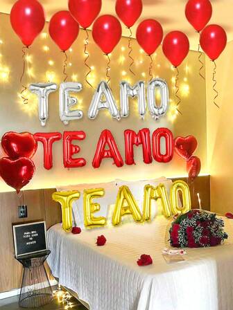 29pcs/Set "Te Amo" Love Letter Heart Balloon Set, Red, Silver, Gold "I Love You" Balloons, Red Heart Balloons, 500pcs Red Rose Petals, Suitable For Valentine's Day Party Decor, Proposal, Wedding, Single Party, Birthday, Anniversary