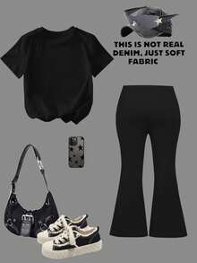 This Casual Set Features A Unique Letter Print Design, Specially Crafted For Young Women. The Set Includes A Short Sleeve Round Neck T-Shirt And A Mid-Rise Flare Pants. - Black - View 2