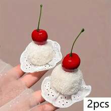 Sweet Cherry Cake Hair Clip Cute Ball Hair Accessory Christmas Birthday Party Bangs Side Clip Decorative Hairpin - 2個櫻桃蛋糕髮夾 - 查看 2