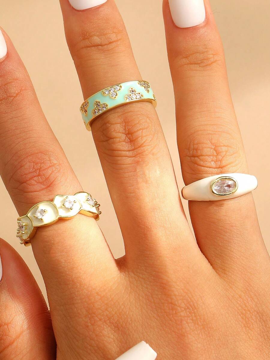 Bộ 3 nhẫn trang trí ngọc trai giả và đá Rhinestone, quà tặng cho phụ nữ - Nhiều màu - Xem 1