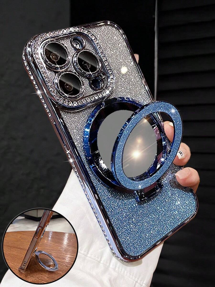 MewTrek Luxury Electroplated Phone Case With Makeup Mirror Stand, Featuring Sparkling Rhinestone Design, Silicone Material, Shock-Proof And Drop-Proof, Compatible With IPhone 16/16e/16 Pro/16 Pro Max/16 Plus/15/14/13/12/11/X/XS/XR/8/7, Galaxy S25/S24/S23/S22/S21/A55/A54/A53/A52/A35/A34/A23/A16/A15/A14/A13/A12/A05S/FE/Ultra/4G/5G, Redmi, Honor, MOTO, OPPO, Infinix And More