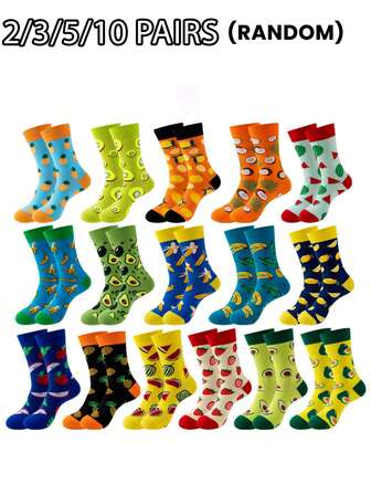 2/3/5/10双装随机女士中筒袜，创意水果图案，情侣袜，百搭舒适，吸汗透气，休闲袜