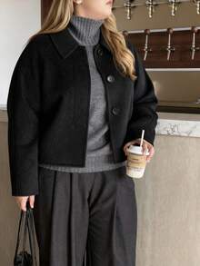 Plus Size Women Short Thickened Wool Blend Cardigan Jacket, Slim Fit, Suitable For Spring And Autumn - Black - View 7