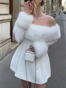 优雅法式浪漫约会之夜正式晚宴生日温暖舒适假日圣诞节露肩收腰弹力蓬松内衬长袖迷你连衣裙，白色