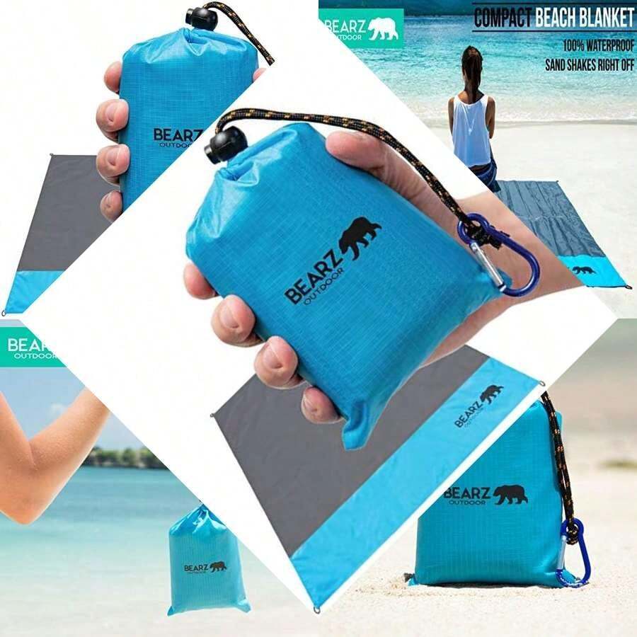Beach Blanket - Waterproof Ground Cover Sand Proof Picnic Mat for Travel Hiking Camping Festival Sports - Durable Tarp w/Corner Pockets Loops Bag - Azul agua - Ver 1