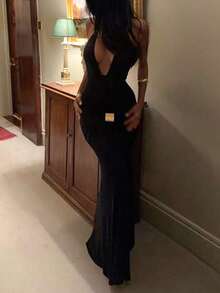 Women's Solid Color Tie Back Open Back V-Neck Long Fitted Sexy Elegant Party Dress Bodycon Wedding - Dark Black - View 3