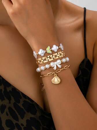 女士时尚链条元素和仿珍珠混合手链4件套（不含礼盒）