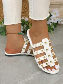 1 Pair Summer New Flat Sandals, Elegant Flat Sandals, Fashionable Retro Black Sandals, Studded Women's Shoes, Beach Vacation Shoes, Elegant Goddess Preppy College Fashion Vacation Beach Bohemian Casual PU Leather Buckle Beach Holiday Wedding College Vacation Party Office Home Outdoor Spring Summer Autumn Shiny Mirror Strap Women Sandals - White - View 6