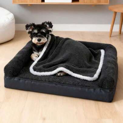 1个大型犬专用矫形狗床和1条双面加厚狗毯，优质羊毛冬季保暖宠物毯，宠物垫，可拆卸可水洗毯套，防水防脊椎保护，适合犬猫使用。