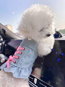 1pc Pet Clothes, Dog/Cat Outfit, Cute Stylish Comfortable Apparel For Small Dogs, Puppy, Lovely Heart & Ribbon Decor Dress - Blue - View 4