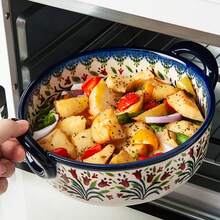 1pc Creative Polish Style Hand-Painted Floral Pattern Ceramic Double-Ear Ramen Bowl & Baking Dish - Multicolor - View 3