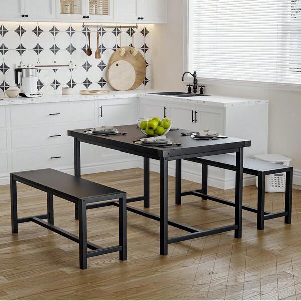 Juego de mesa de comedor de 3 piezas para 4 personas, mesa de cocina rectangular con 2 bancos, juego de mesa de comedor pequeña con protectores de esquinas, perfecto para cocinas, apartamentos y espacios pequeños, color negro