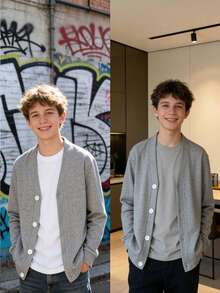 Youth V-Neck Versatile Fashion Gray Soft Button Long Sleeve Jacket, Suitable For Teen Boys, Spring And Autumn