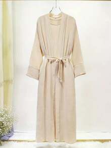 Long Abaya Dress, Woven Fabric, Wool Collar, Extra Long Dolman Sleeves, Waist Belt Design, Non-Stretch - Apricot - View 3