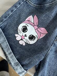 两件套女婴彩色波点猫咪印花圆领T恤+牛仔卷边短裤，舒适休闲可爱时尚套装 - 适合日常、户外活动、送礼 - 白色 - 查看 8