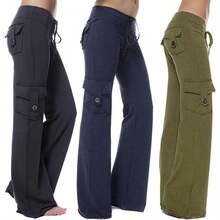 Pantalones de yoga tipo cargo para mujer, talla, elsticos, casuales, con cordn, cintura alta, pantalones largos con bolsillos, marrn 01 - brown Medium - inicial - Ver 6