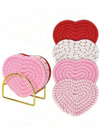 4 piezas de posavasos tejidos a mano con forma de corazón, disponibles en rosa, rojo y blanco, antideslizantes y resistentes al calor, posavasos creativos con forma de corazón, posavasos para decoración del hogar, posavasos antideslizantes para café, adecuados para el Día de San Valentín, decoración de mesa de boda, restaurante, sala de estar, regalos de decoración del hogar, picnic y camping, para proteger diferentes tazas, decoración de mesa