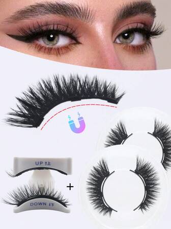 2 Pairs Magnetic Eyelashes Reusable 3D Natural Magnetic False Eyelashes Portable Cosmetic Tool 3-Step Press On False Eyelash Clip Set 6-11mm Lashes For Wedding,Party,Date