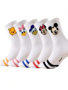 5 Pairs Disney Cartoon Character Crew Socks, Soft & Fun Breathable Socks For Men & Women, Mickey Mouse & Donald Duck Socks - White - View 10