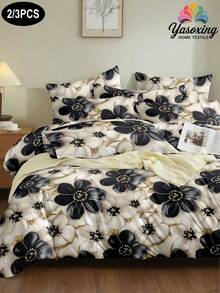 2/3件套黑色花卉图案被套套装，柔软超细纤维面料，透气抗皱，奢华酒店风格，送给父母和朋友的礼物，包含1件被套，1/2件枕套，可选尺寸：特大号、大号、标准大号、单人床，宿舍床上用品，返校季必备 - 黑色 - 查看 1