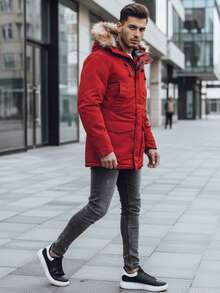 Men's Winter Hooded Jacket With Faux Fur Trim, Adjustable Waist Belt, Large Pockets, Interior Zip Pockets, And Drawstring Cuffs. Made From Durable Structured Polyester Fabric, Suitable For Everyday Wear. - Red - View 3