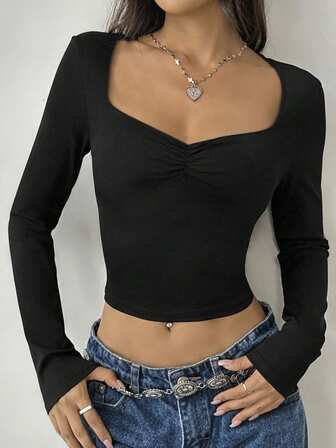 Women's Daily Black Long-Sleeved Low-Cut Pleated Sweetheart Collar Long Sleeve T-Shirt Casual Spring/Summer/Fall Long Sleeve Tops Women New Year Going Out Tops Women,Vacation Outfits Women Black Long Sleeve Top,Cute Tops,Crop Top,Tops For Women