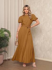 Women's Long Crepe Dress With Puffed Sleeves, Bow Waist And Pleated Skirt - Elegant And Sophisticated - 咖啡 - 查看 2