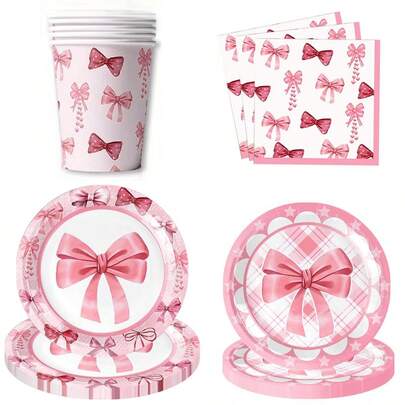10pcs Pink Bow-Themed Party Set Plates, Cups, Napkins Birthday Party Tableware Atmosphere Decor Flags Birthday Party Supplies Camping & Travel Essentials Banquet Utensils Spring & Summer Tableware Collection