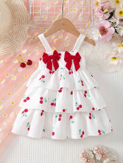 1件女婴休闲可爱甜美白色露肩吊带连衣裙，饰有3D蝴蝶结和全幅樱桃印花，多层连衣裙，春夏款