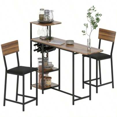 HOMCOM 3-Piece Bar Table And Stool Set With Folding Counter, Glass Rack, Bottle Rack, Shelf, 2 Stools, Steel Frame, Modern Style, Kitchen Dining Set, Brown