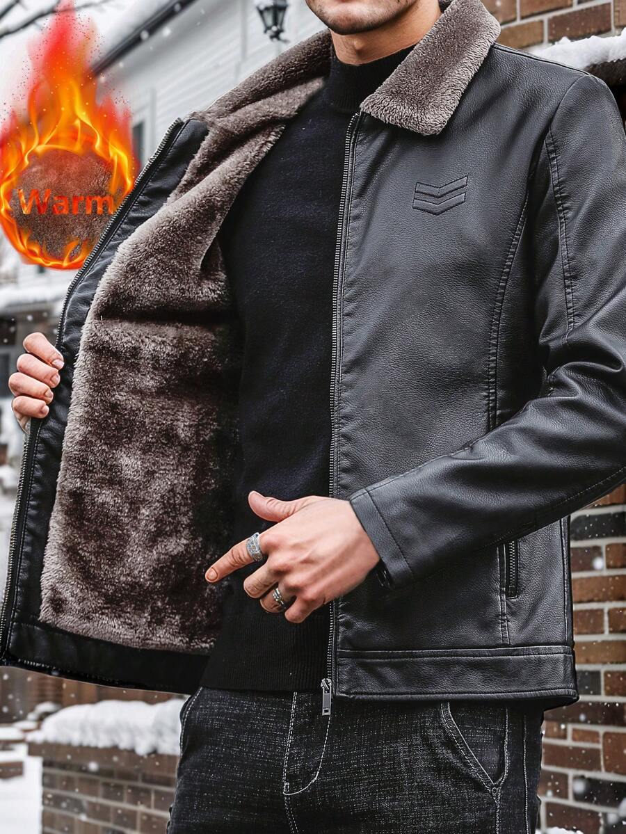 Men's Long Sleeve Autumn/Winter Jacket, Thermal Lined Thick PU Leather Motorcycle Jacket, Casual Wear - Black - View 1
