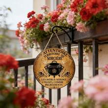 1/400 Piece, Round French Wooden Sign, Vintage Decorative Plaque About "Witch Territory" - 7.87 X 7.87 Inches, Perfect For Decorating Living Rooms, Bedrooms, Studies, Bars, Cafes, And Restaurants To Create A Mysterious Atmosphere. - Mustard Yellow - View 1