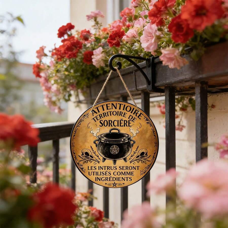 1/400 Piece, Round French Wooden Sign, Vintage Decorative Plaque About "Witch Territory" - 7.87 X 7.87 Inches, Perfect For Decorating Living Rooms, Bedrooms, Studies, Bars, Cafes, And Restaurants To Create A Mysterious Atmosphere. - Mustard Yellow - View 1