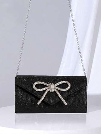 1PC BLACK-Mini Glamorous Envelope Bag Women's Glitter Rhinestone Bow Decor Evening Bag Prom Clutch Sparkle Mini Handbags Bride Perfect Gift For Party, Wedding, Prom, Dinner/Banquet