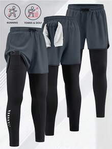 Men's Outdoor Sports Pants, 2-In-1 With Lining, Elastic Quick-Dry Casual Sweatpants, Suitable For Running, Fitness, Basketball, With Built-In Pockets - Grey - View 2