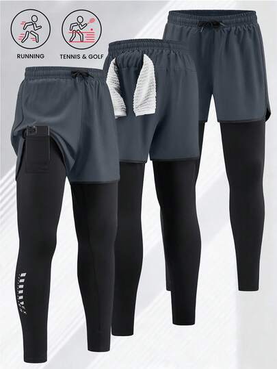 Men's Outdoor Sports Pants, 2-In-1 With Lining, Elastic Quick-Dry Casual Sweatpants, Suitable For Running, Fitness, Basketball, With Built-In Pockets