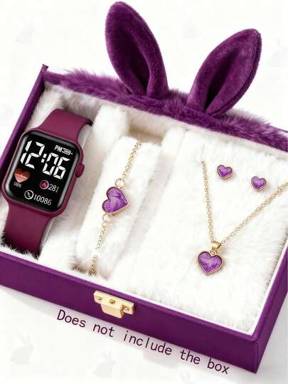 5/1 Set, Fashionable And Cute Square-Shaped Digital Girl's Watch For Teenagers And Girls, Along With A Love-Themed Jewelry Set, Girl's Necklace, Earrings, And Bracelet. This Is A Christmas Gift For Girls, Suitable For Various Occasions Such As Outing, Parties, Gatherings, And Festivals Like Christmas, Thanksgiving, Valentine's Day, As Well As Birthday Gifts And Back-To-School Season Gifts.
