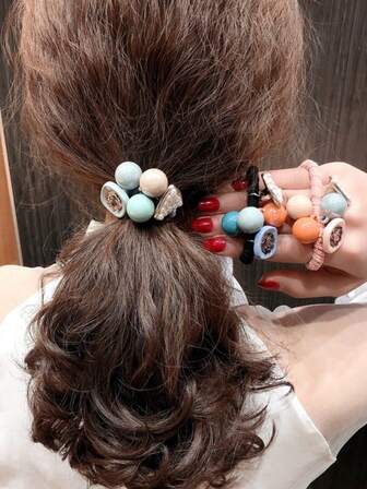 3pcs/6pcs/10pcs Colorful Pearl Geometric Pattern Hair Ties, Elegant & Versatile, Made Of Polyester Fiber, Suitable For All Seasons ,Ponytail ,Hair Elastics ,Hair Rubber Bands ,Scrunchies ,Hair Rope ,Elastic Hair Tie