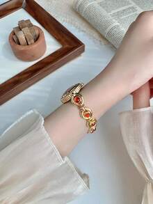 1pc Women's Gold/Green Wrist Watch, Minimalist New Small Dial Design, Elegant & Fashionable, Quartz Movement, Suitable For Daily Wear/Party - 紅色 - 查看 3