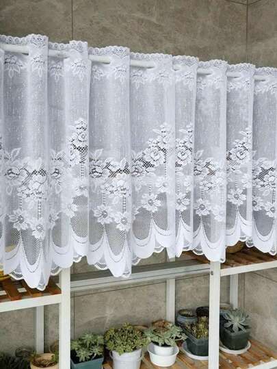 1pc Minimalist White Floral Lace Rod Pocket Small Window Curtain, Sheer Voile Curtain Panel, Cafe Curtain, Room Divider, Holiday Decor