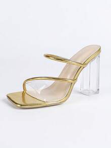 女士时尚高跟鞋，夜店风，派对，果冻鞋底，绑带，半圆绑带，细绑带，套脚式，露趾，露跟，经典粗跟凉鞋，透明水晶鞋跟，厚底，方跟，夏季户外风，常规款，女士金色凉鞋，高跟拖鞋，性感，简约，交叉绑带 - 金色 - 查看 15