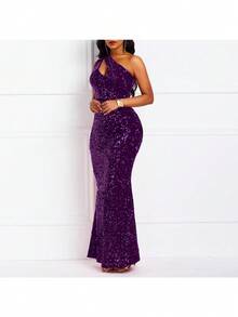 Women's Fashion Beaded One Shoulder Solid Color Open Back Mermaid Sequin Dress Evening Dress - Màu tím - Xem 2