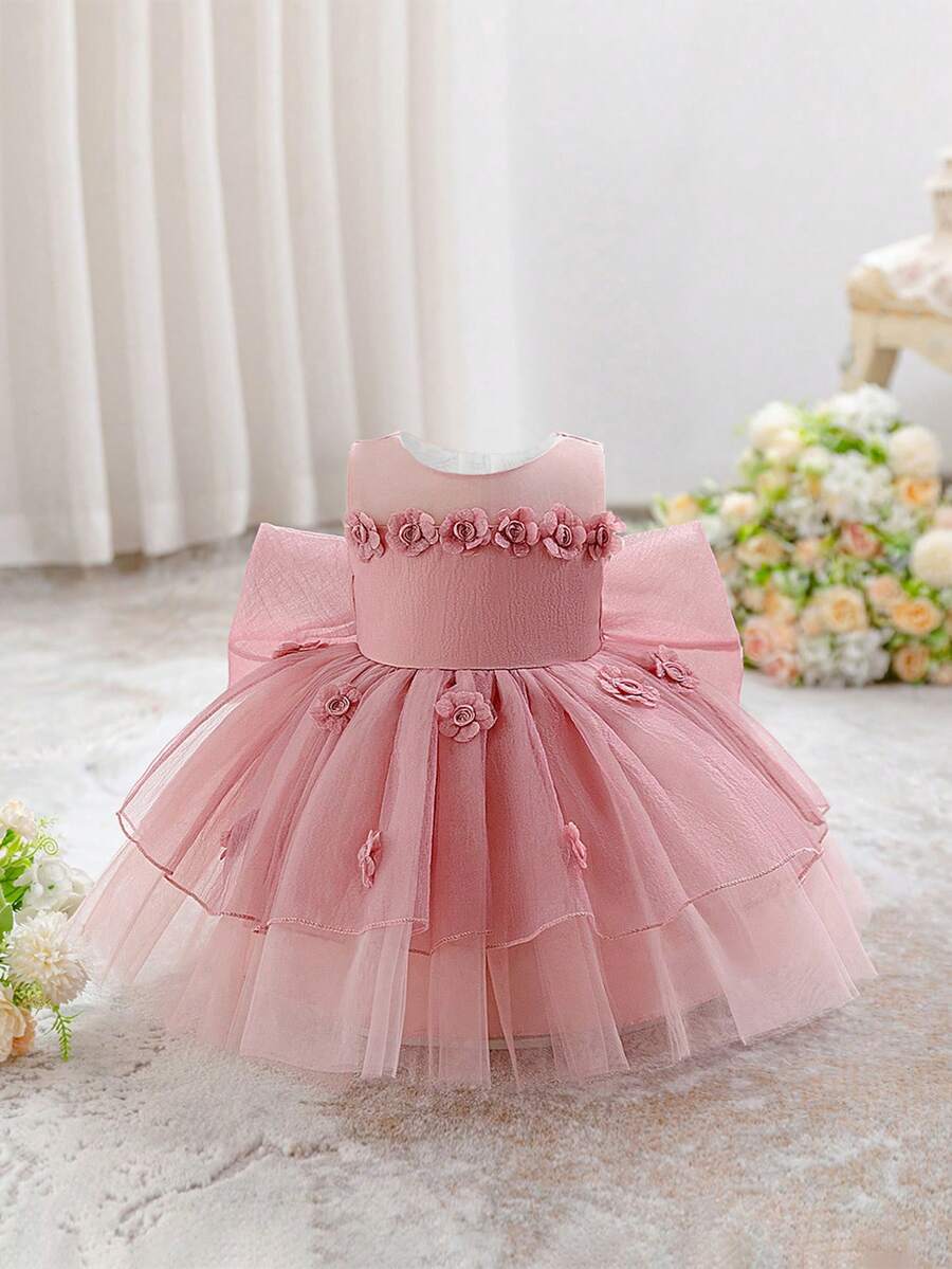 Baby Girls 0-2 Years Old White Christening Gown, Suitable For Role Play Party - Pink - View 1