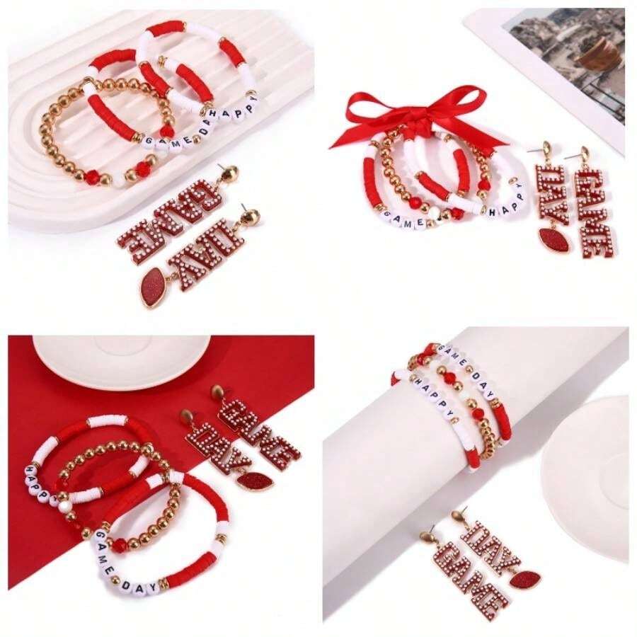 - Juego de joyas de ftbol para mujer, pulseras para el da del juego, juego de arete, accesorios para el da del juego, regalos para mam de ftbol - Rojo/Blanco - Ver 1