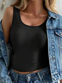 1pc Women's Square Neck Camisole - Soft Fitted Design, Suitable For Commuting, Dating And Layering - Black - View 1