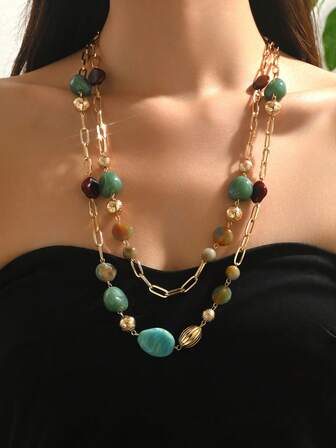 1件波西米亚复古优雅黑色、棕色、卡其色树脂珠子，CCB珠子，釉面斑点珠子DIY项链，仿玉树脂圆珠搭配金属链，适合搭配毛衣，性感，休闲，派对，节日，四季皆宜，情人节，感恩节，送朋友的礼物。树脂花卉图案颜色随机，每件可能略有模具痕迹。