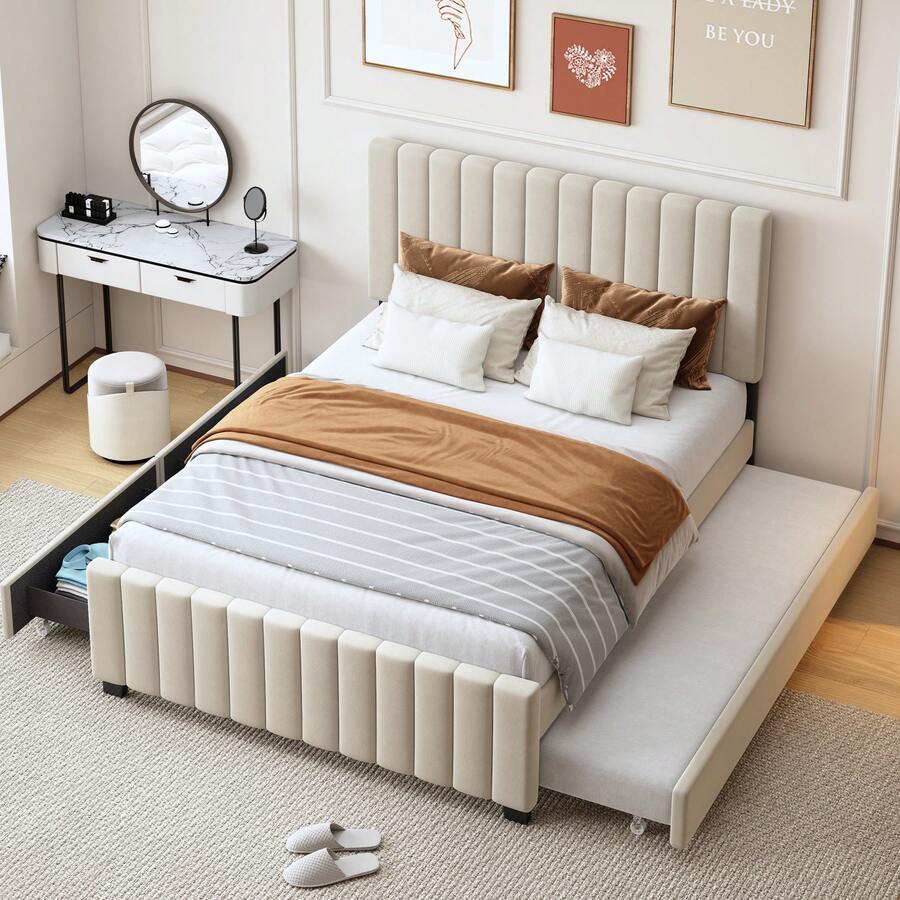 Upholstered Bed With Pull-Out Bed, Velvet Fabric Children's Bed, Youth Bed, Guest Bed, Flat Single Bed For Bedroom And Guest Room Without Mattress - 米色 - 查看 1