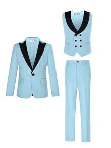 3pcs Boys' Sky Blue Plaid Outfit - Collared Vest, Suit Vest, Pants - Light Wash - View 9