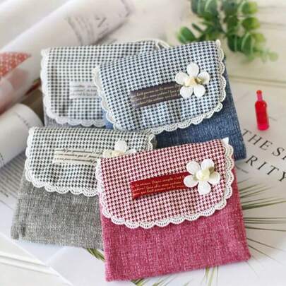 1 pieza Bolsa de almacenamiento de toallas sanitarias de algodón con flores estilo coreano, resistente al desgaste y de gran capacidad, algodón + impresión de flores, adecuado para uso diario, campus, viajes, negocios, estudiantes, oficina, esencial de viaje, organizador de almacenamiento, artículo de viaje esencial