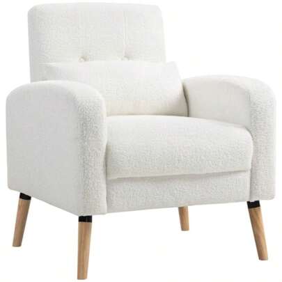 HOMCOM Armchair With Lumbar Cushion, Upholstered With Wooden Legs And Fleece Fabric, Ideal For Living Room Or Bedroom, White Color.